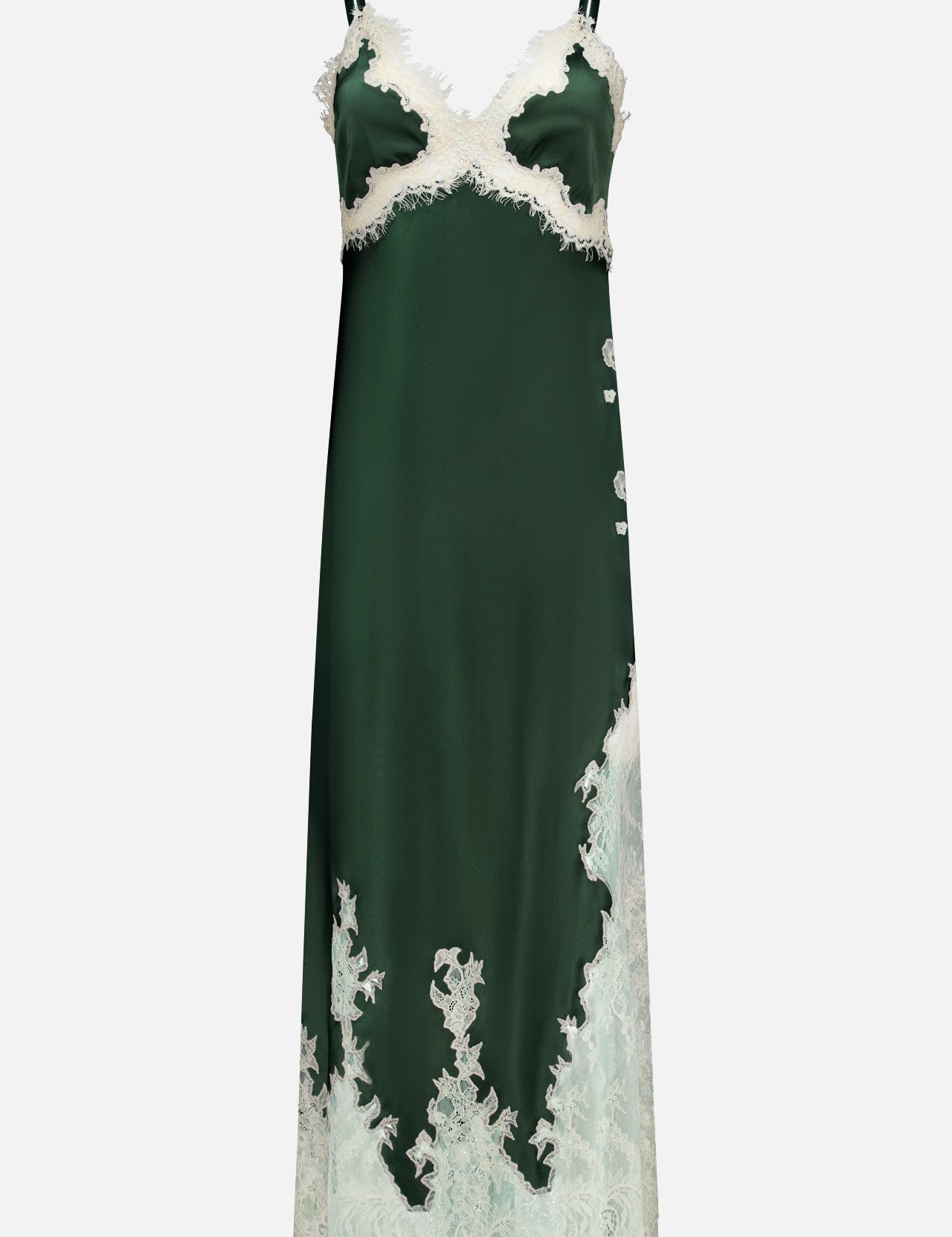 The Julietta Cutaway Lace Trim Slip Dress by ALICE + OLIVIA is an elegant emerald dark green satin midi dress, featuring delicate ivory lace trim along the bust, sides, and hem. Designed with thin black shoulder straps, this luxurious slip dress falls to a flattering midi length.