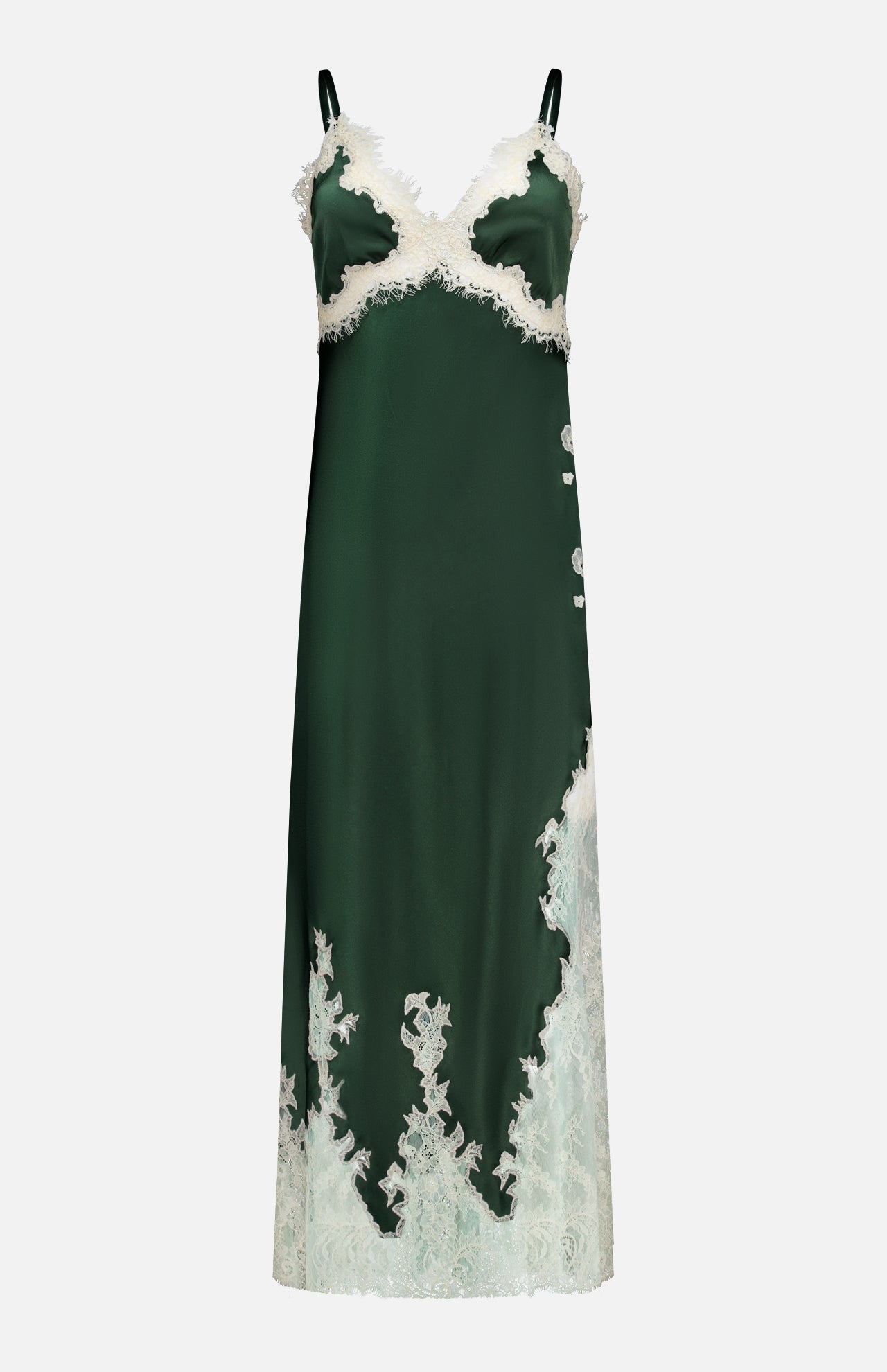 The Julietta Cutaway Lace Trim Slip Dress by ALICE + OLIVIA is an elegant emerald dark green satin midi dress, featuring delicate ivory lace trim along the bust, sides, and hem. Designed with thin black shoulder straps, this luxurious slip dress falls to a flattering midi length.