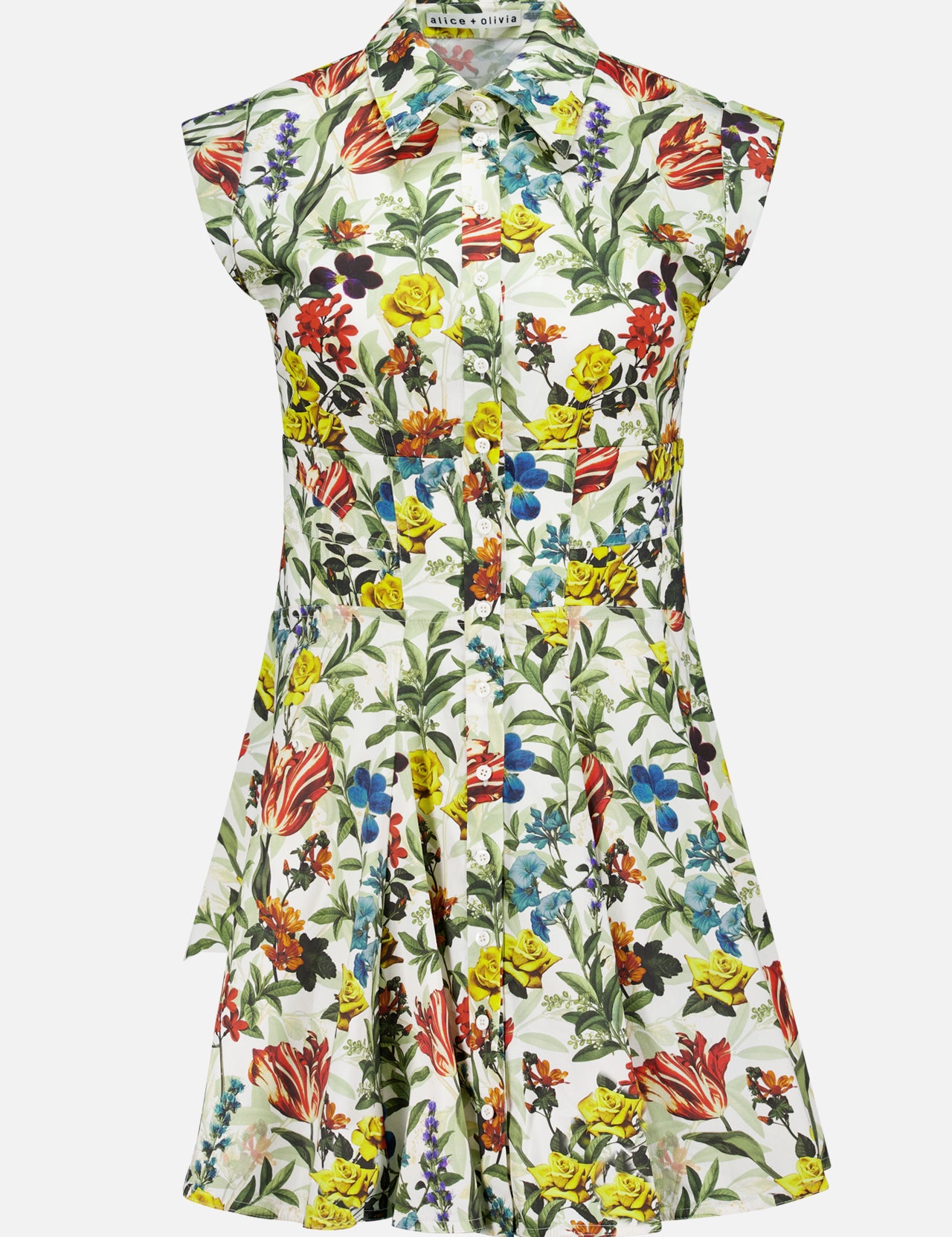 The ALICE + OLIVIA Kim Paneled Corset Flared Mini Shirt Dress is a short-sleeved, collared mini shirt dress crafted from comfortable stretch-cotton, showcasing a pleated skirt and vibrant fall floral print in red, yellow, blue, and green on a crisp white background.