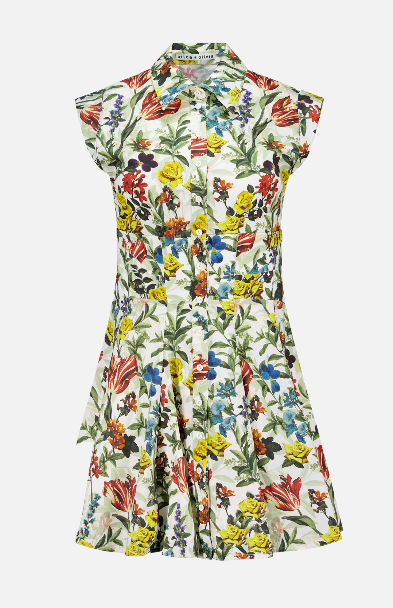 The ALICE + OLIVIA Kim Paneled Corset Flared Mini Shirt Dress is a short-sleeved, collared mini shirt dress crafted from comfortable stretch-cotton, showcasing a pleated skirt and vibrant fall floral print in red, yellow, blue, and green on a crisp white background.