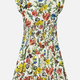 The back view of the ALICE + OLIVIA Kim Paneled Corset Flared Mini Shirt Dress showcases its short sleeves, collared neckline, and fitted waist with a flared skirt, all crafted from soft stretch-cotton. This mini shirt dress features a vibrant fall floral print in red, yellow, blue, and green on a white background.