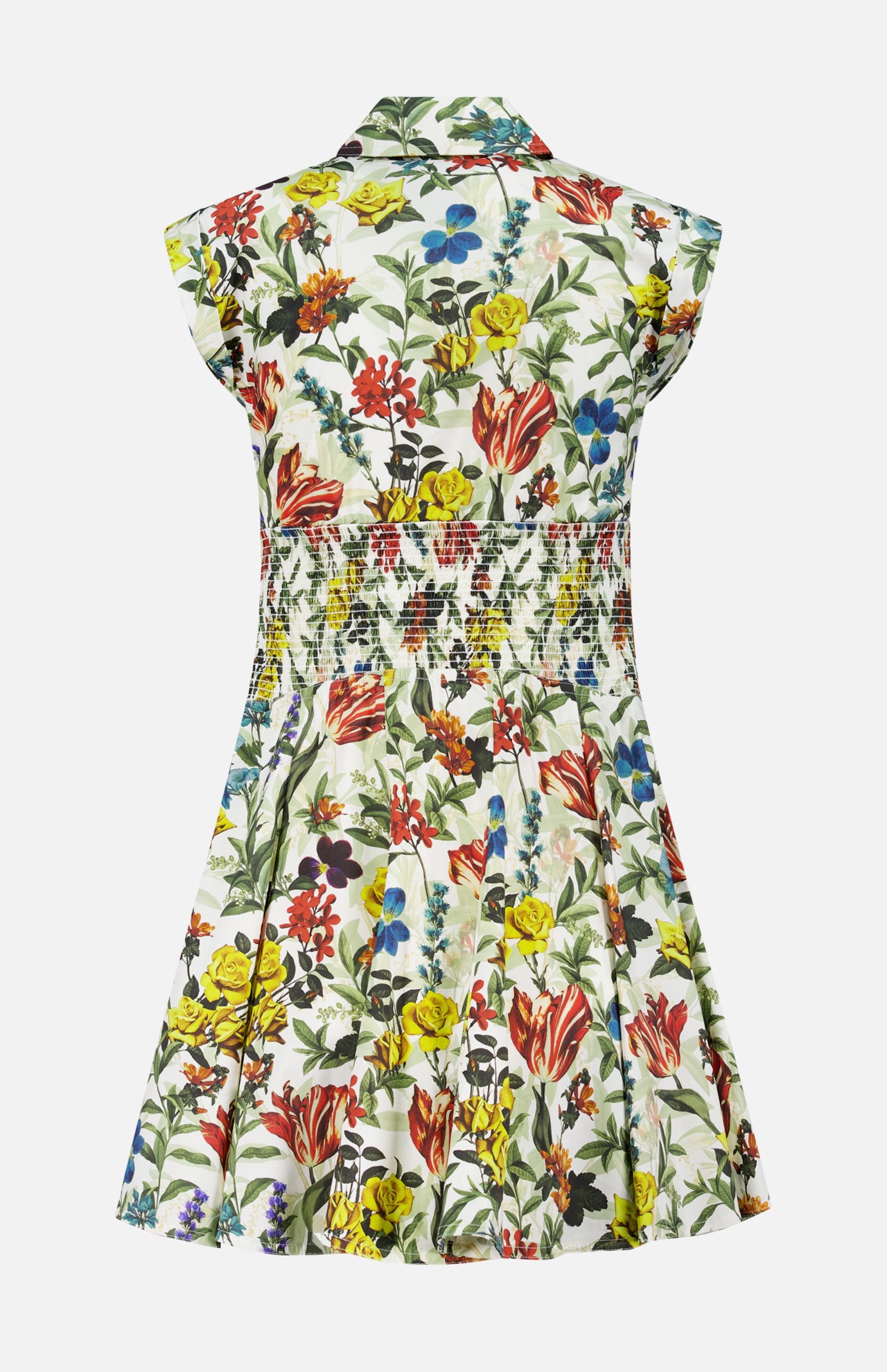 The back view of the ALICE + OLIVIA Kim Paneled Corset Flared Mini Shirt Dress showcases its short sleeves, collared neckline, and fitted waist with a flared skirt, all crafted from soft stretch-cotton. This mini shirt dress features a vibrant fall floral print in red, yellow, blue, and green on a white background.