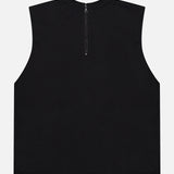 The Micah Embellished Muscle T-shirt by ALICE + OLIVIA is a sleeveless black crop top with a high neckline, smooth stretch fabric, and a short centered zipper at the back.