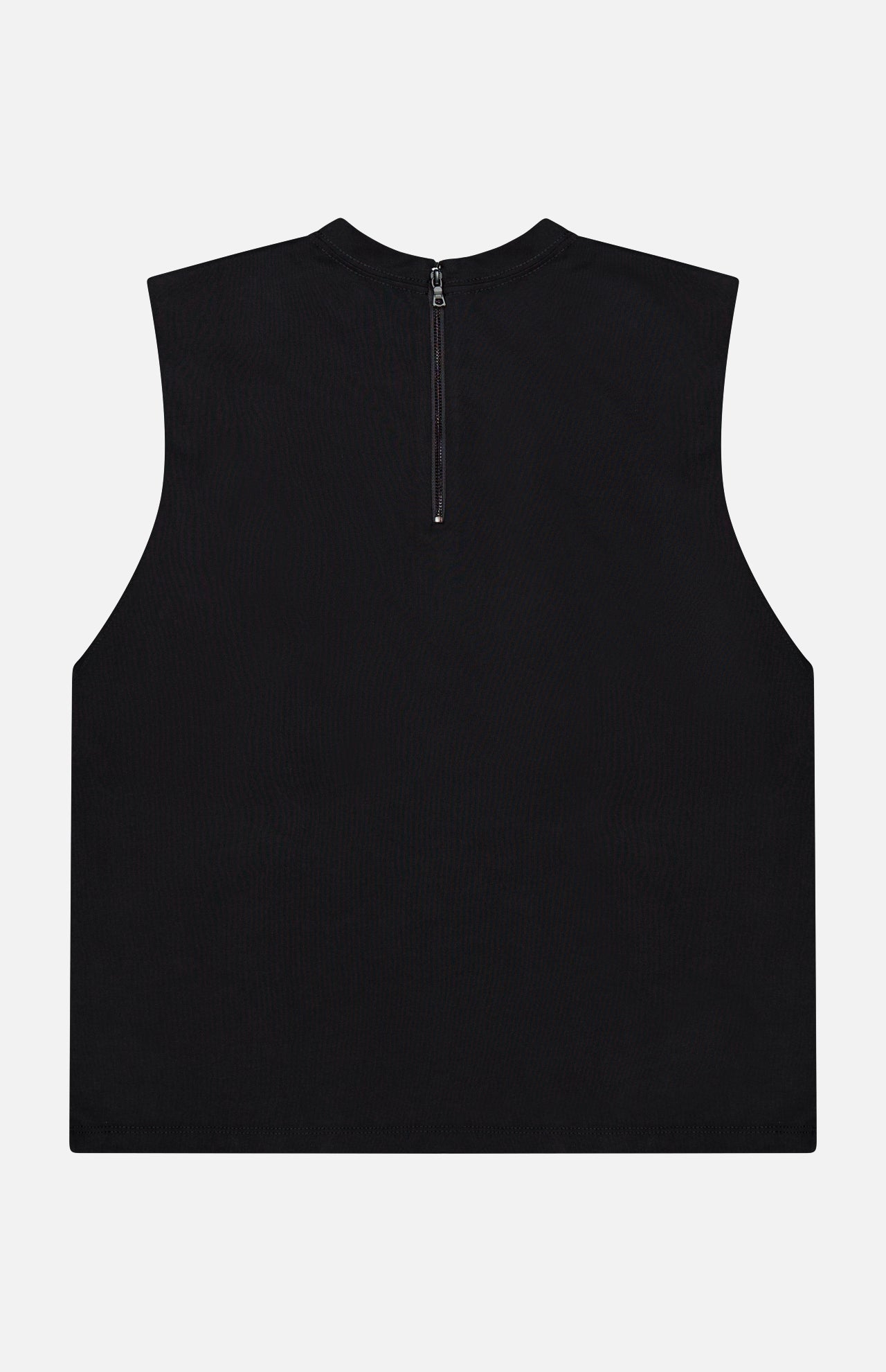 The Micah Embellished Muscle T-shirt by ALICE + OLIVIA is a sleeveless black crop top with a high neckline, smooth stretch fabric, and a short centered zipper at the back.