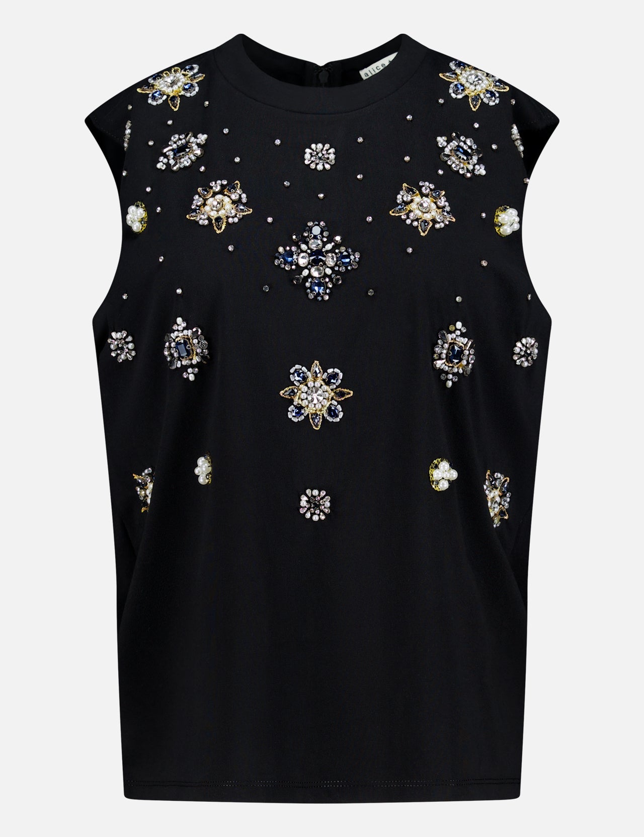 The Micah Embellished Muscle T-shirt by ALICE + OLIVIA is a sleeveless black tank with vibrant beaded and jeweled floral embellishments and crystal details in a symmetrical front design.