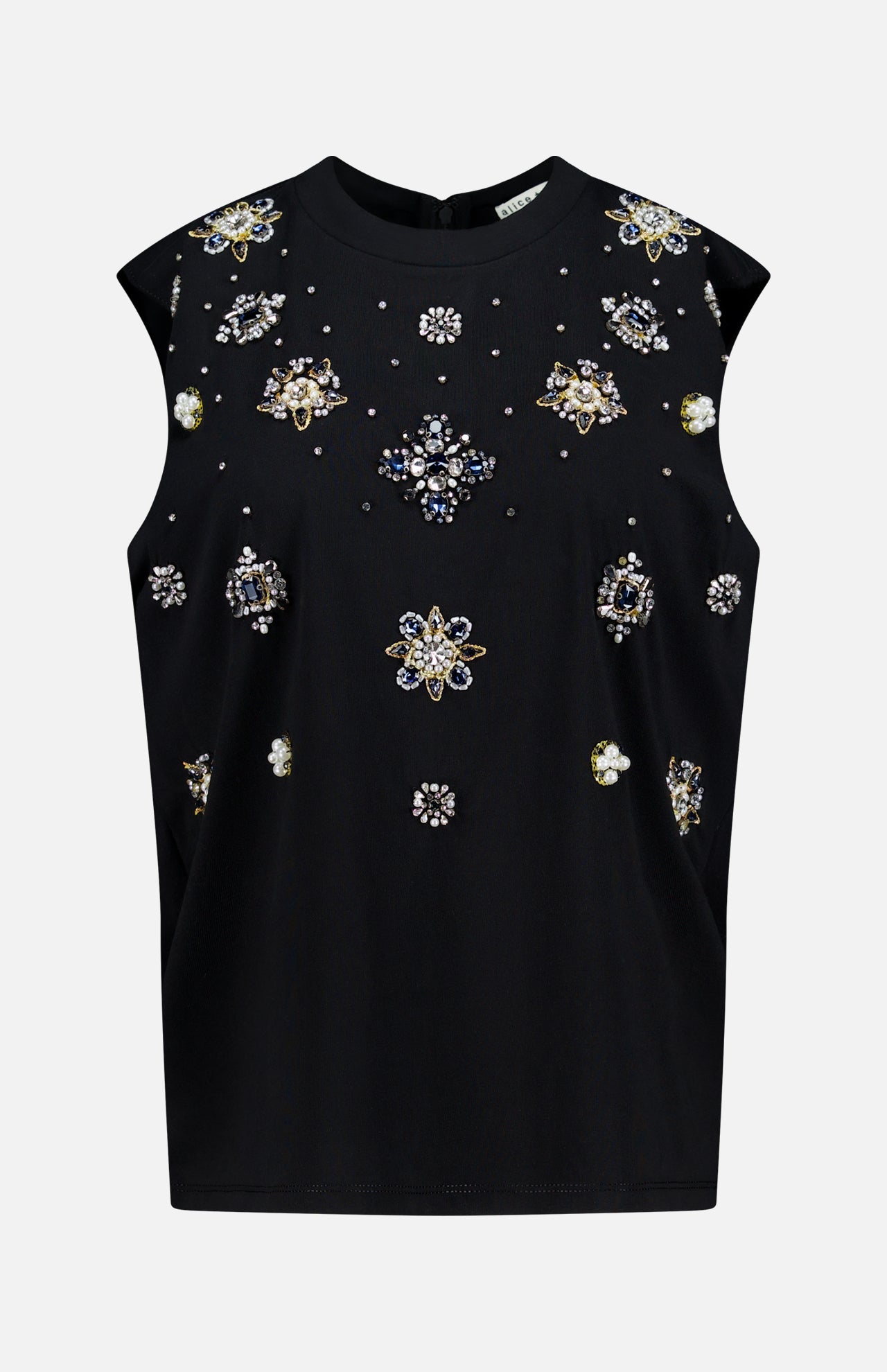 The Micah Embellished Muscle T-shirt by ALICE + OLIVIA is a sleeveless black tank with vibrant beaded and jeweled floral embellishments and crystal details in a symmetrical front design.