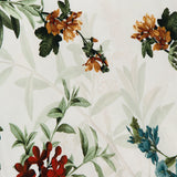 The Montana Slim Strappy Back Maxi Dress by ALICE + OLIVIA showcases an intricate, botanical patterned fabric adorned with colorful red, yellow, orange, and blue flowers and green leaves on a white background. This vibrant and elegant design makes it perfect for crafting a stunning floral maxi dress.