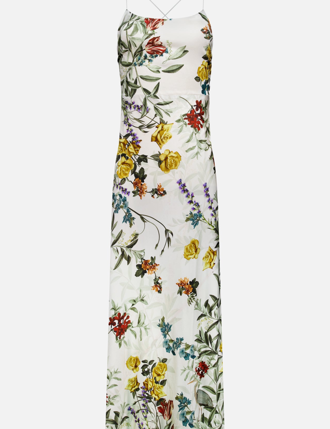 The Montana Slim Strappy Back Maxi Dress by ALICE + OLIVIA is a sleeveless white maxi dress with thin spaghetti straps, featuring a vibrant floral print in red, yellow, orange, and purple flowers with green leaves. This long, form-fitting dress combines simple elegance and colorful design—perfect for summer occasions.