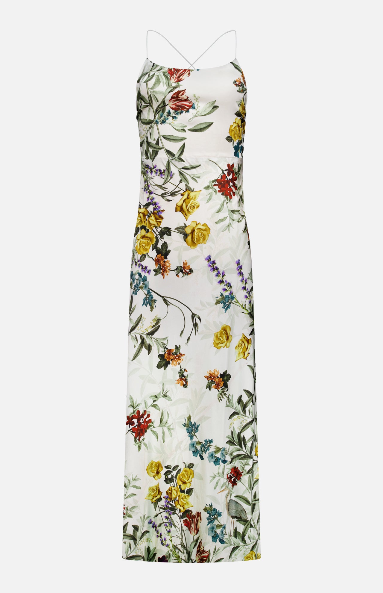 The Montana Slim Strappy Back Maxi Dress by ALICE + OLIVIA is a sleeveless white maxi dress with thin spaghetti straps, featuring a vibrant floral print in red, yellow, orange, and purple flowers with green leaves. This long, form-fitting dress combines simple elegance and colorful design—perfect for summer occasions.