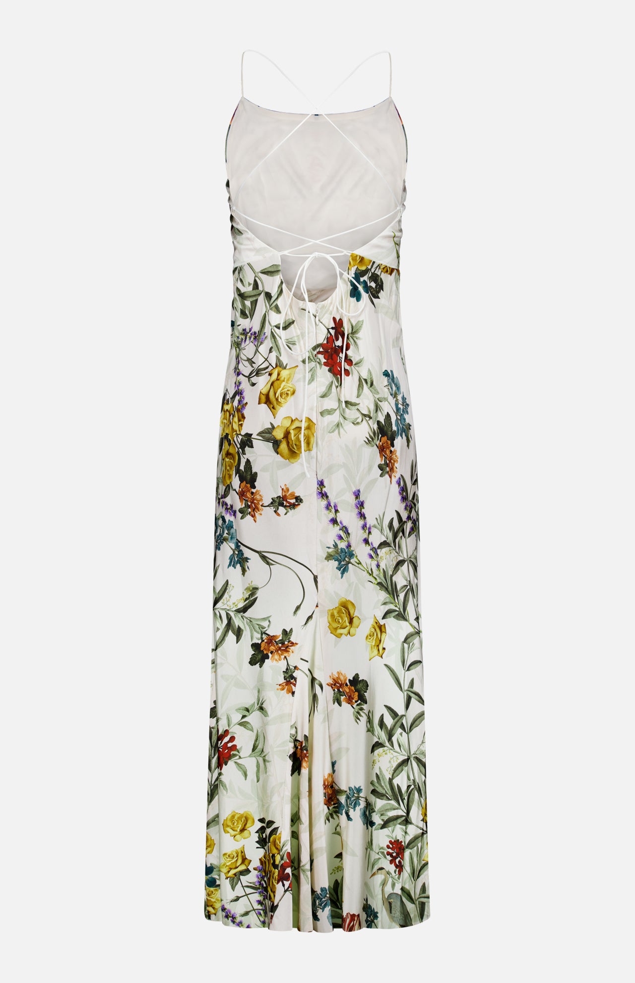 ALICE + OLIVIA’s Montana Slim Strappy Back Maxi Dress is a white satin cocktail dress with thin straps, an open back with tie detail, and a colorful floral print featuring yellow, red, and purple flowers with green leaves.