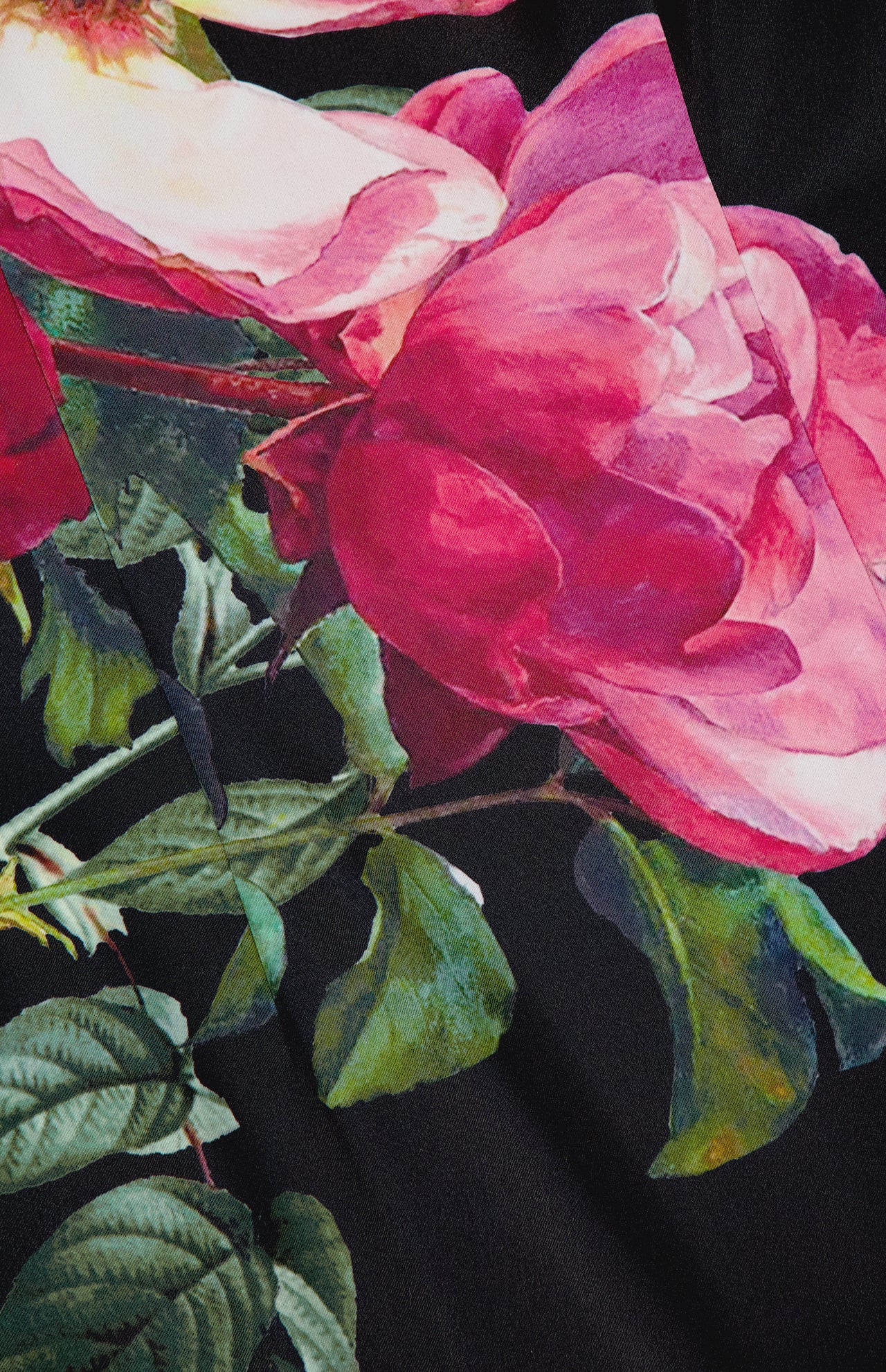 Close-up of vibrant pink and red roses with green leaves on a dark background, echoing the artistic elegance of the ALICE + OLIVIA Nina Sweetheart Spaghetti Strap Midi Dress.