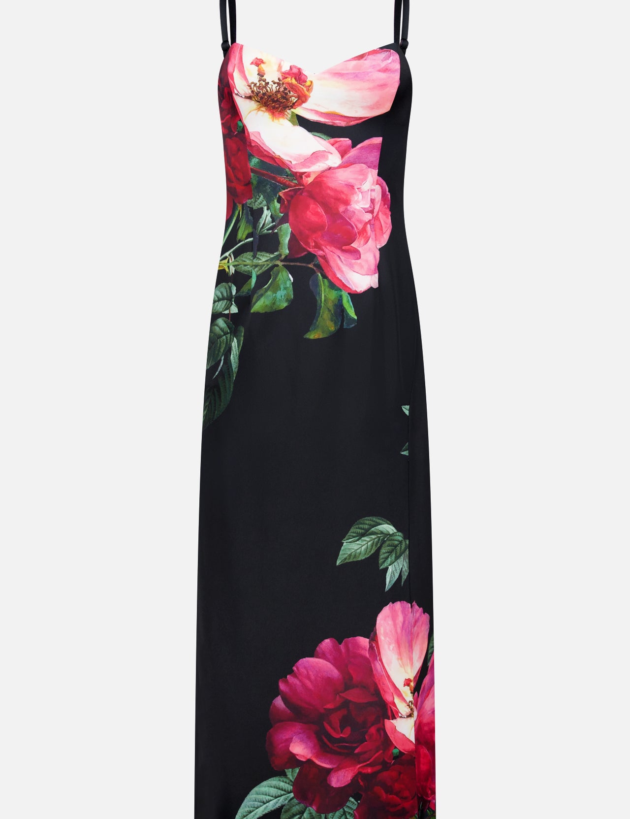 The ALICE + OLIVIA Nina Sweetheart Spaghetti Strap Midi Dress features a bold floral print with large pink and red flowers, green leaves, a side slit, and a flattering sweetheart neckline.