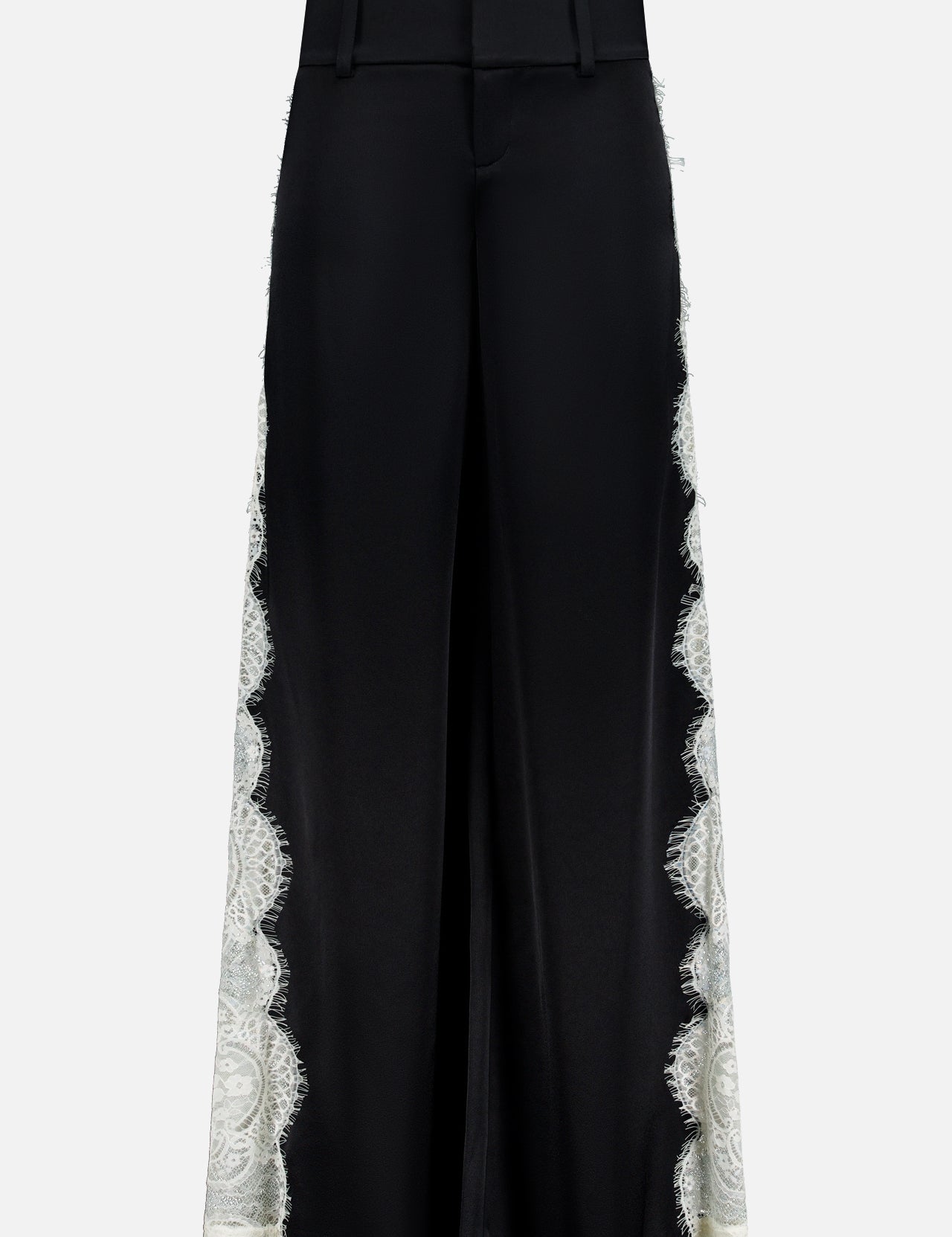 Olivia Pant with Cutaway Lace Godet by ALICE + OLIVIA: wide-leg black trousers with a high waist, belt loops, and cutwork lace trim down each outer side, shown on a plain white background.