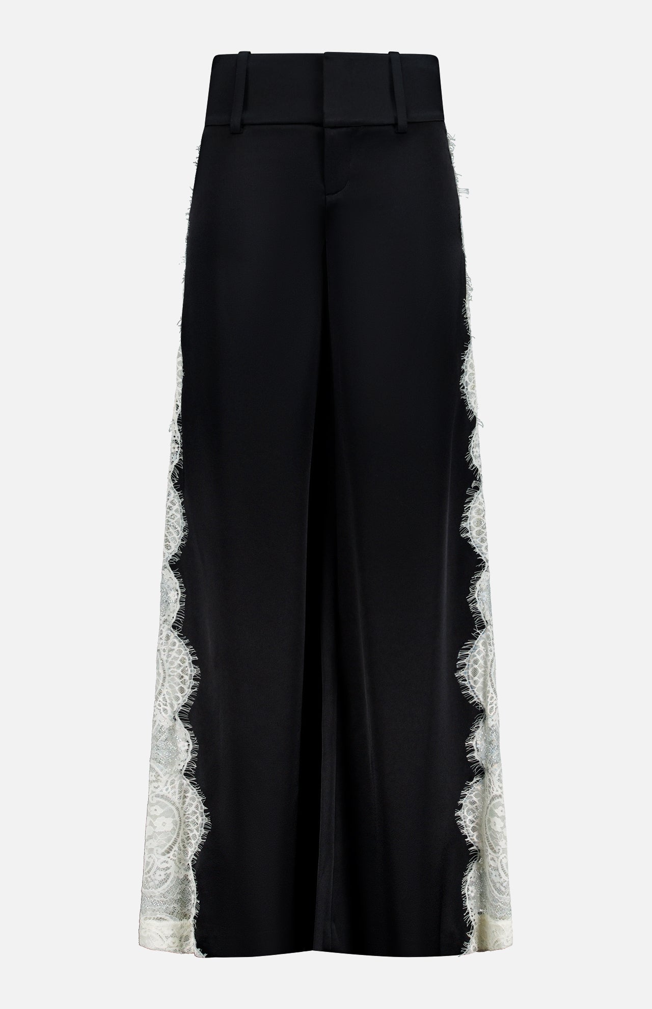 Olivia Pant with Cutaway Lace Godet by ALICE + OLIVIA: wide-leg black trousers with a high waist, belt loops, and cutwork lace trim down each outer side, shown on a plain white background.