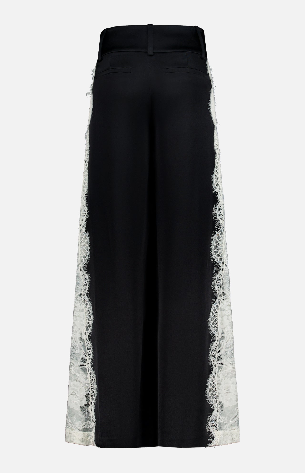 The Olivia Pant with Cutaway Lace Godet by ALICE + OLIVIA features wide-leg black trousers with white cutwork lace on the outer sides, a high waist, and back welt pockets, shown from behind on a white background.