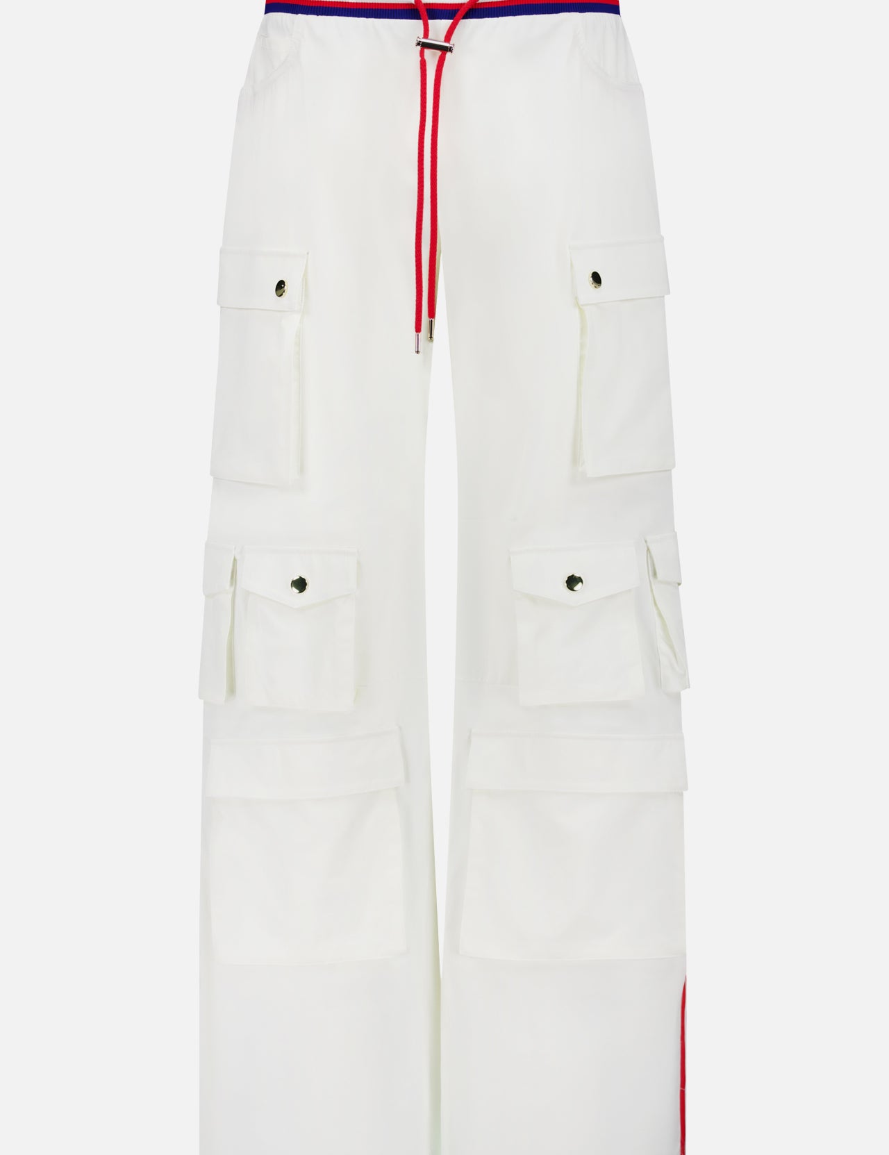 The ALICE + OLIVIA Olympia Mr Baggy Cargo Pant With Side Stripe features a relaxed wide-leg fit, six flap pockets, red drawstring, and a striped waistband in red, blue, and white for a sporty look.