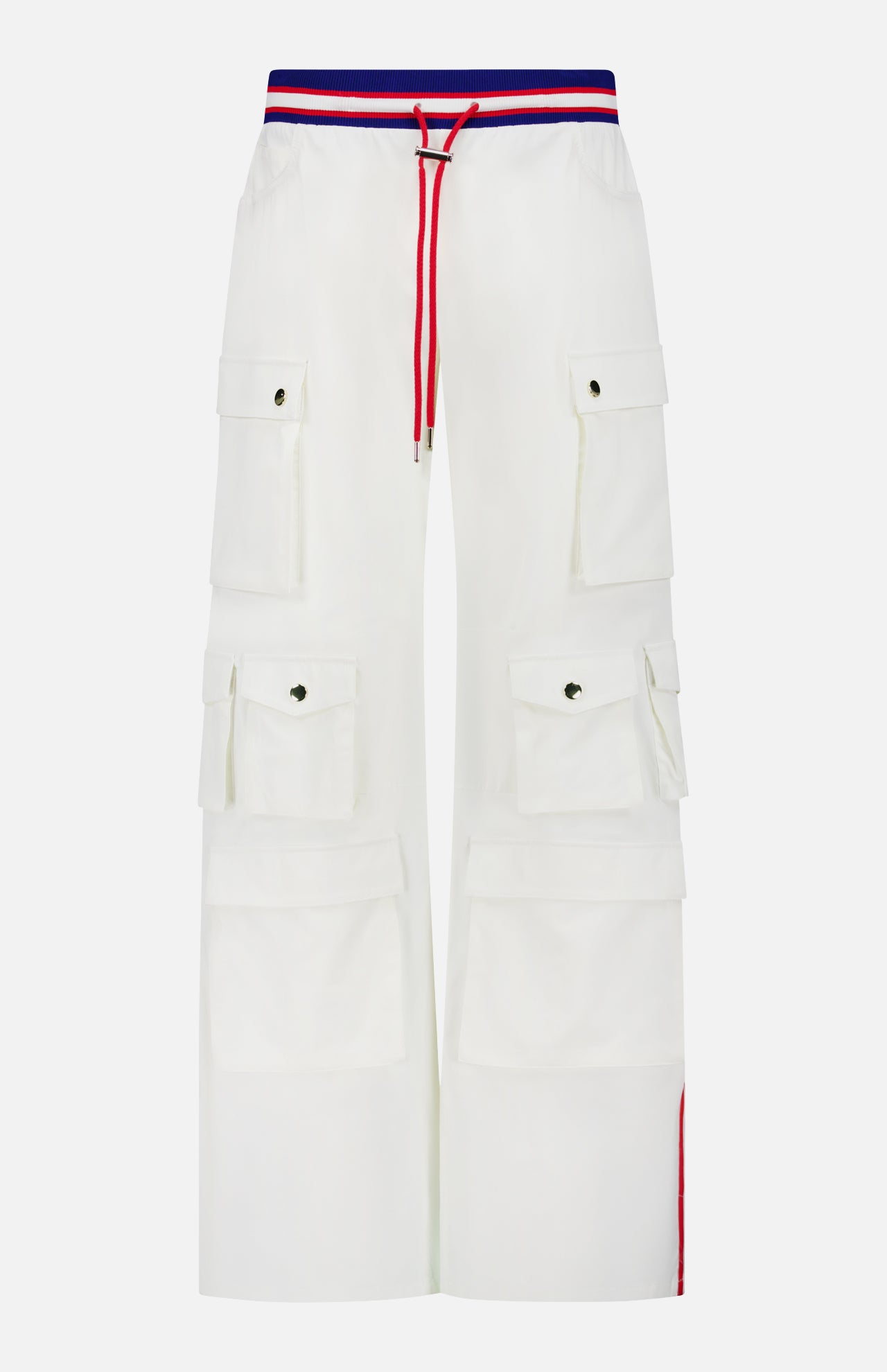 The ALICE + OLIVIA Olympia Mr Baggy Cargo Pant With Side Stripe features a relaxed wide-leg fit, six flap pockets, red drawstring, and a striped waistband in red, blue, and white for a sporty look.