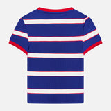 The ALICE + OLIVIA Onie Baby Ringer T-shirt is a short-sleeved, ribbed baby top with horizontal blue, white, and red stripes plus solid red collar and cuffs. Shown from the back against a white background.
