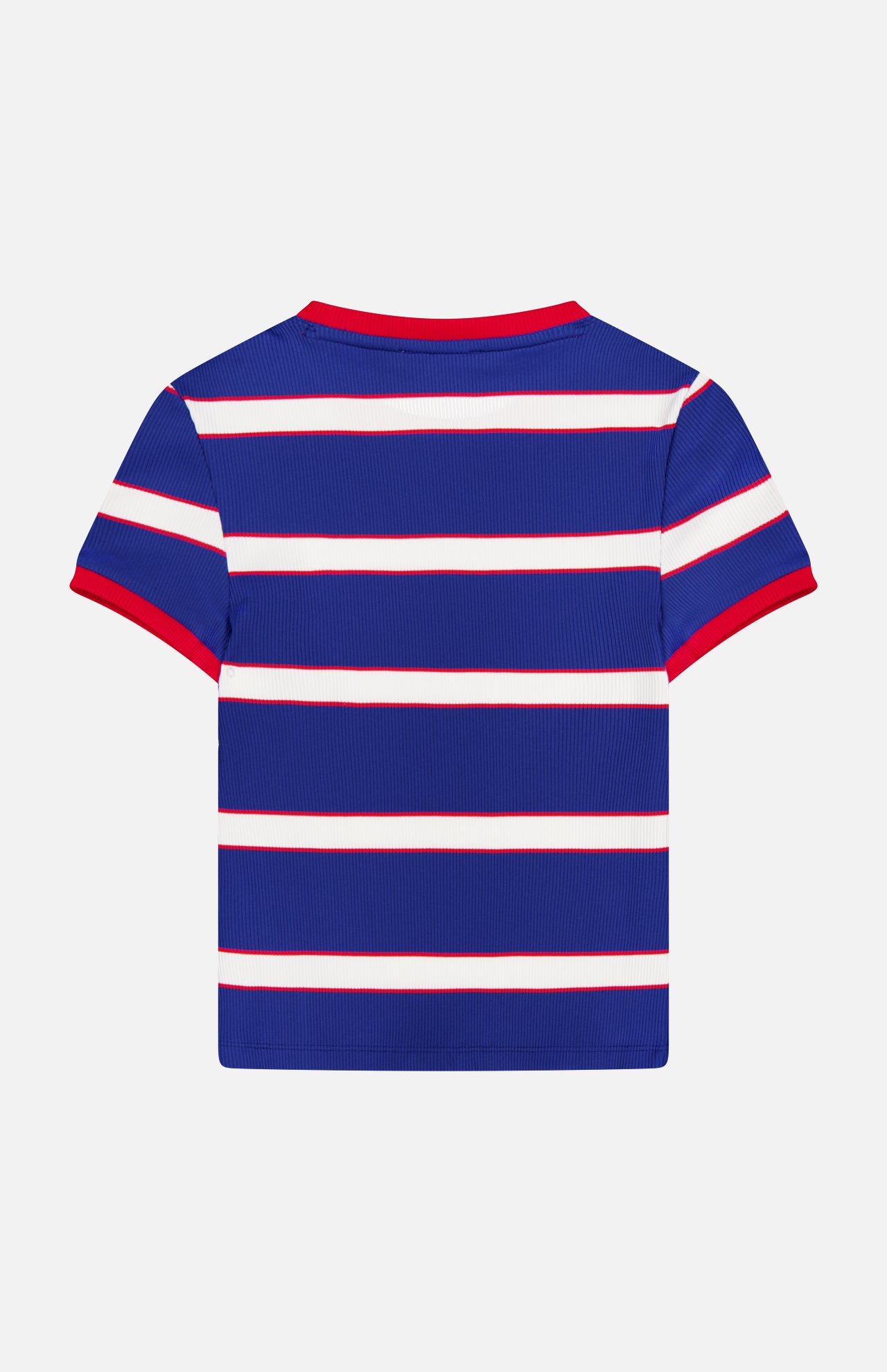 The ALICE + OLIVIA Onie Baby Ringer T-shirt is a short-sleeved, ribbed baby top with horizontal blue, white, and red stripes plus solid red collar and cuffs. Shown from the back against a white background.