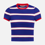 The ALICE + OLIVIA Onie Baby Ringer T-shirt is a ribbed, short-sleeved cropped top featuring blue, white, and red horizontal stripes with a red neckline and sleeve edges for a vintage sporty vibe.