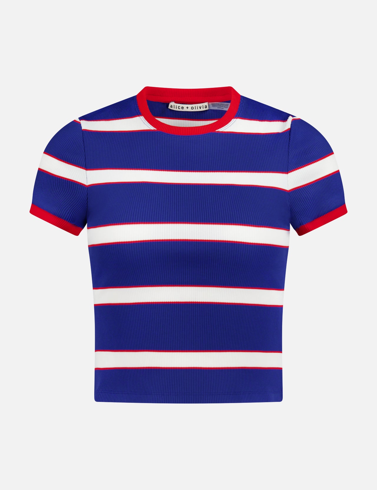 The ALICE + OLIVIA Onie Baby Ringer T-shirt is a ribbed, short-sleeved cropped top featuring blue, white, and red horizontal stripes with a red neckline and sleeve edges for a vintage sporty vibe.