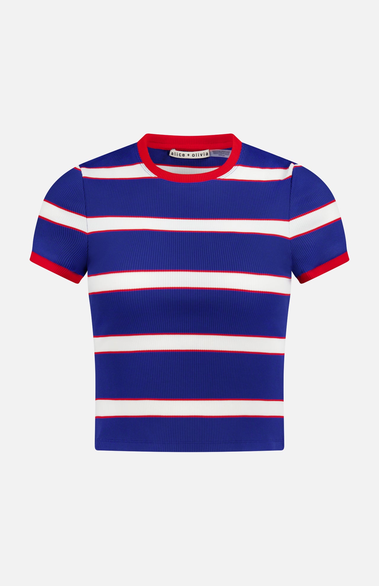 The ALICE + OLIVIA Onie Baby Ringer T-shirt is a ribbed, short-sleeved cropped top featuring blue, white, and red horizontal stripes with a red neckline and sleeve edges for a vintage sporty vibe.