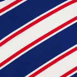 Close-up of the ALICE + OLIVIA Poria Removable Cuffs and Collar Sweater, featuring horizontal blue, white, and red stripes. Thick blue stripes alternate with thin red lines and white spaces; a partial blue ribbed collar is visible at the top left.