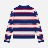 The ALICE + OLIVIA Poria Removable Cuffs and Collar Sweater, shown flat on a white background, features long sleeves with horizontal blue, red, and white stripes, a short upper-back zipper, and detachable collar and cuffs.