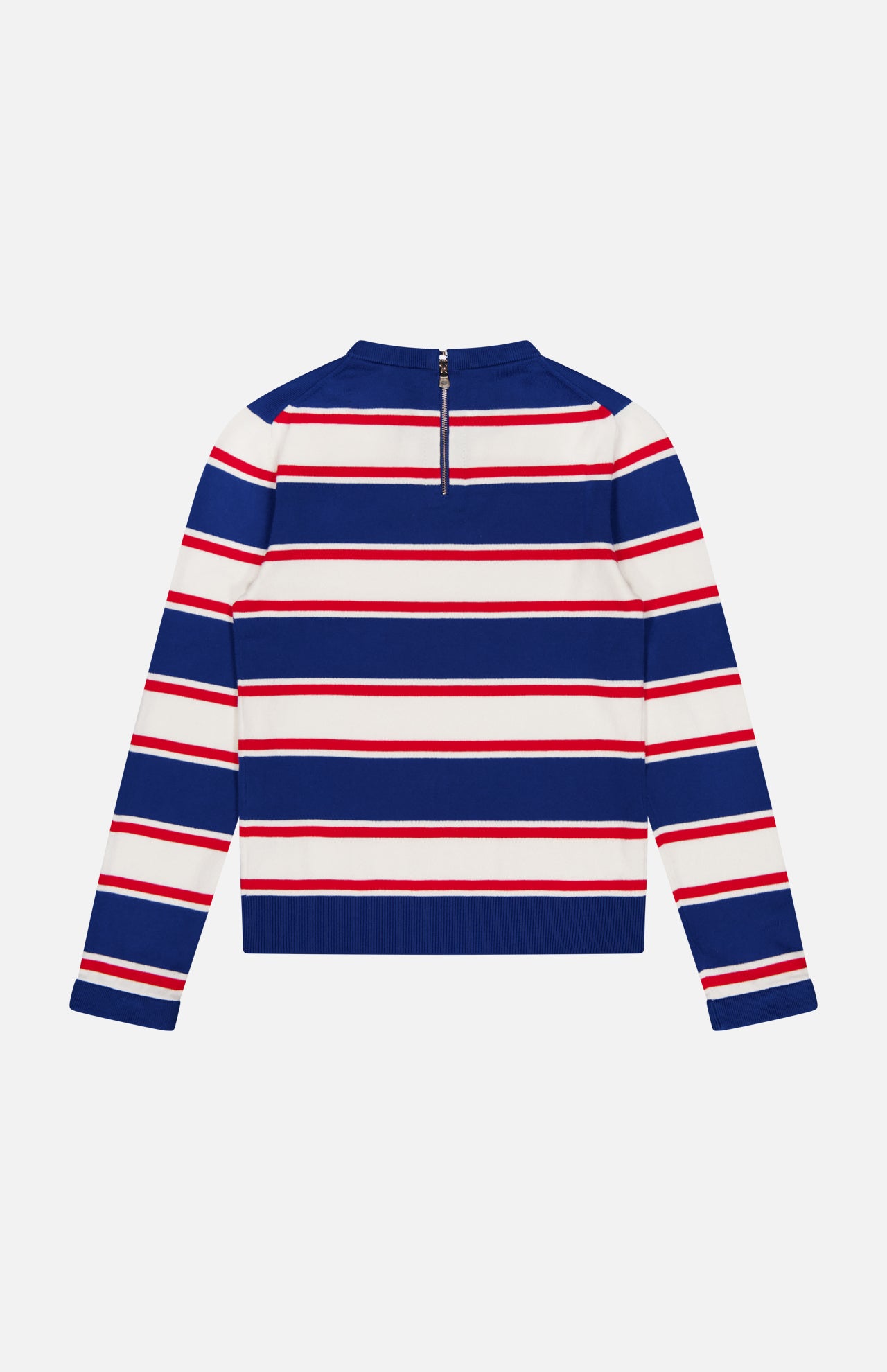 The ALICE + OLIVIA Poria Removable Cuffs and Collar Sweater, shown flat on a white background, features long sleeves with horizontal blue, red, and white stripes, a short upper-back zipper, and detachable collar and cuffs.