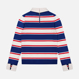 The ALICE + OLIVIA Poria Removable Cuffs and Collar Sweater features blue, red, and white stripes, a detachable collar and cuffs with button details, a back zipper, and a fitted silhouette. Shown flat on a white background.