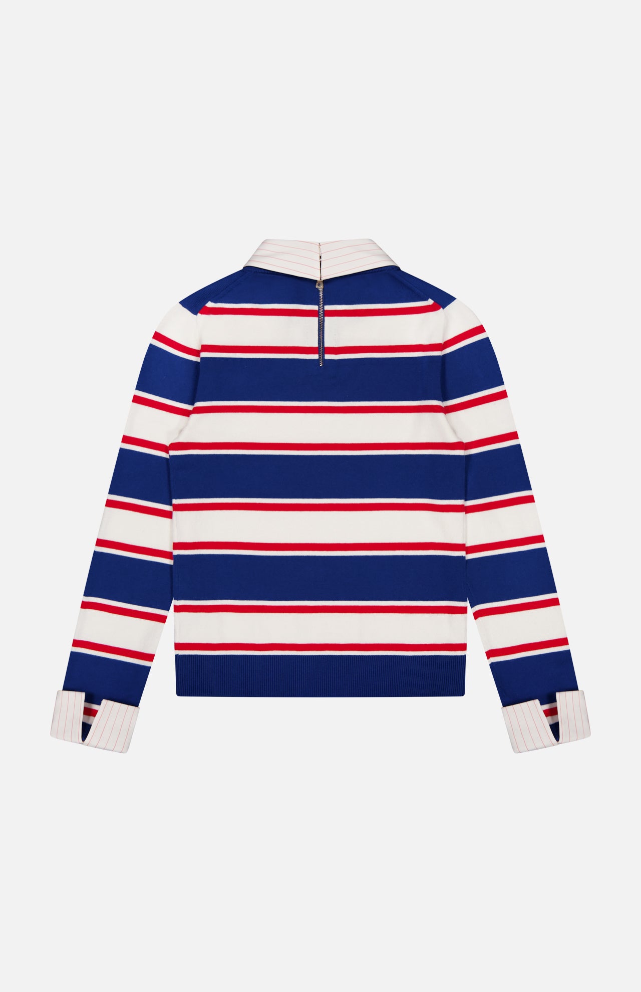 The ALICE + OLIVIA Poria Removable Cuffs and Collar Sweater features blue, red, and white stripes, a detachable collar and cuffs with button details, a back zipper, and a fitted silhouette. Shown flat on a white background.