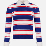 The ALICE + OLIVIA Poria Removable Cuffs and Collar Sweater features a fitted design with blue, white, and red horizontal stripes, a detachable white pointed collar, and removable pinstriped cuffs, shown on a plain white background.