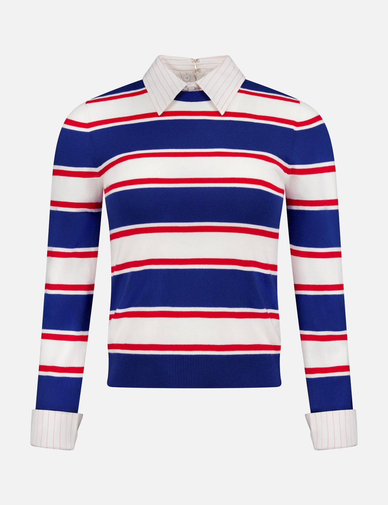 The ALICE + OLIVIA Poria Removable Cuffs and Collar Sweater features a fitted design with blue, white, and red horizontal stripes, a detachable white pointed collar, and removable pinstriped cuffs, shown on a plain white background.