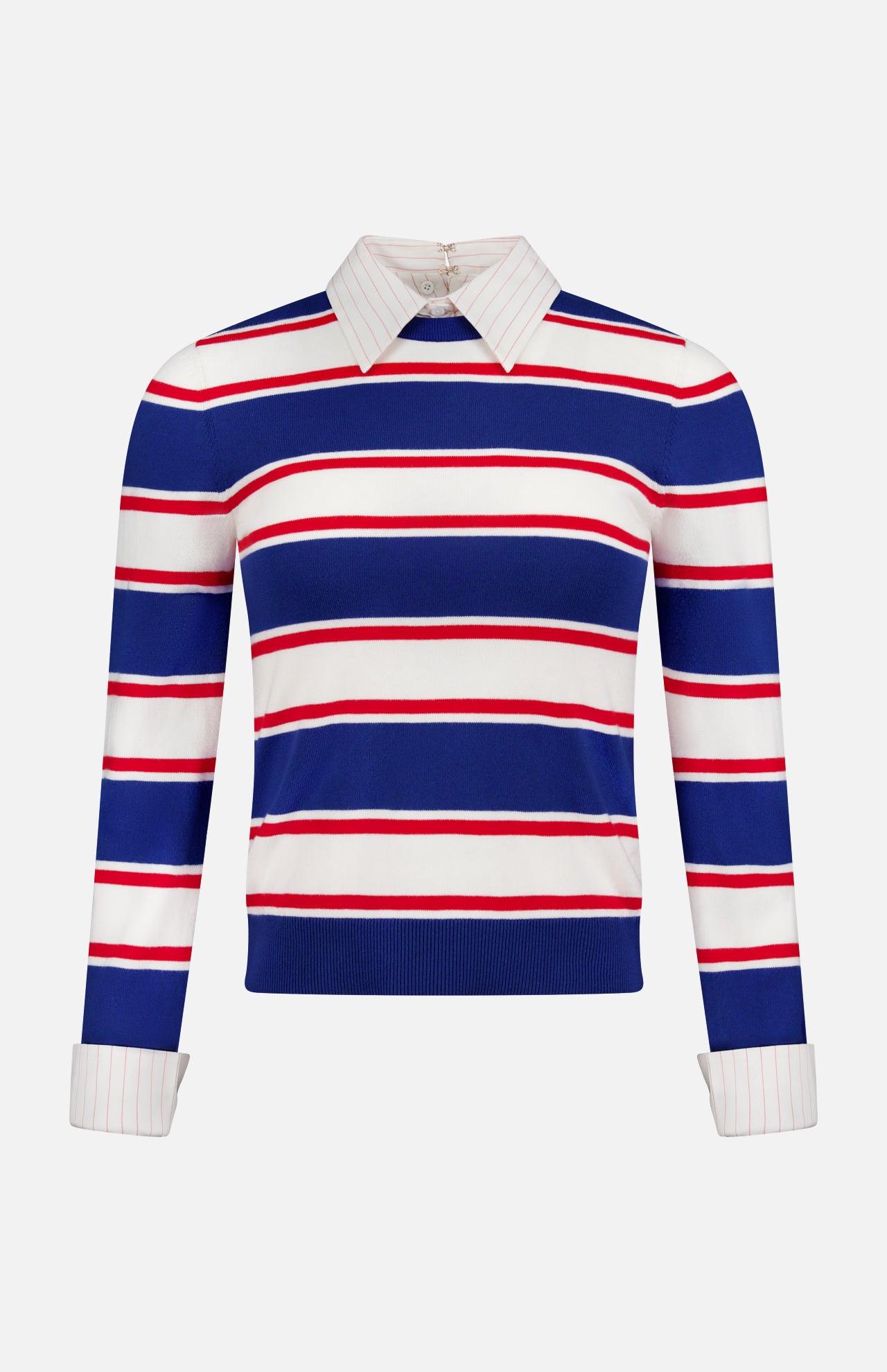 The ALICE + OLIVIA Poria Removable Cuffs and Collar Sweater features a fitted design with blue, white, and red horizontal stripes, a detachable white pointed collar, and removable pinstriped cuffs, shown on a plain white background.