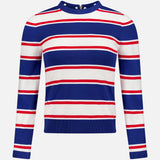 The ALICE + OLIVIA Poria Removable Cuffs and Collar Sweater is a fitted, cropped long-sleeve crewneck with blue, white, and red stripes, buttons at the back neckline, and a chic silhouette.