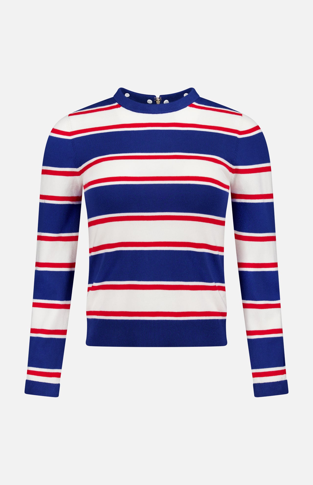 The ALICE + OLIVIA Poria Removable Cuffs and Collar Sweater is a fitted, cropped long-sleeve crewneck with blue, white, and red stripes, buttons at the back neckline, and a chic silhouette.