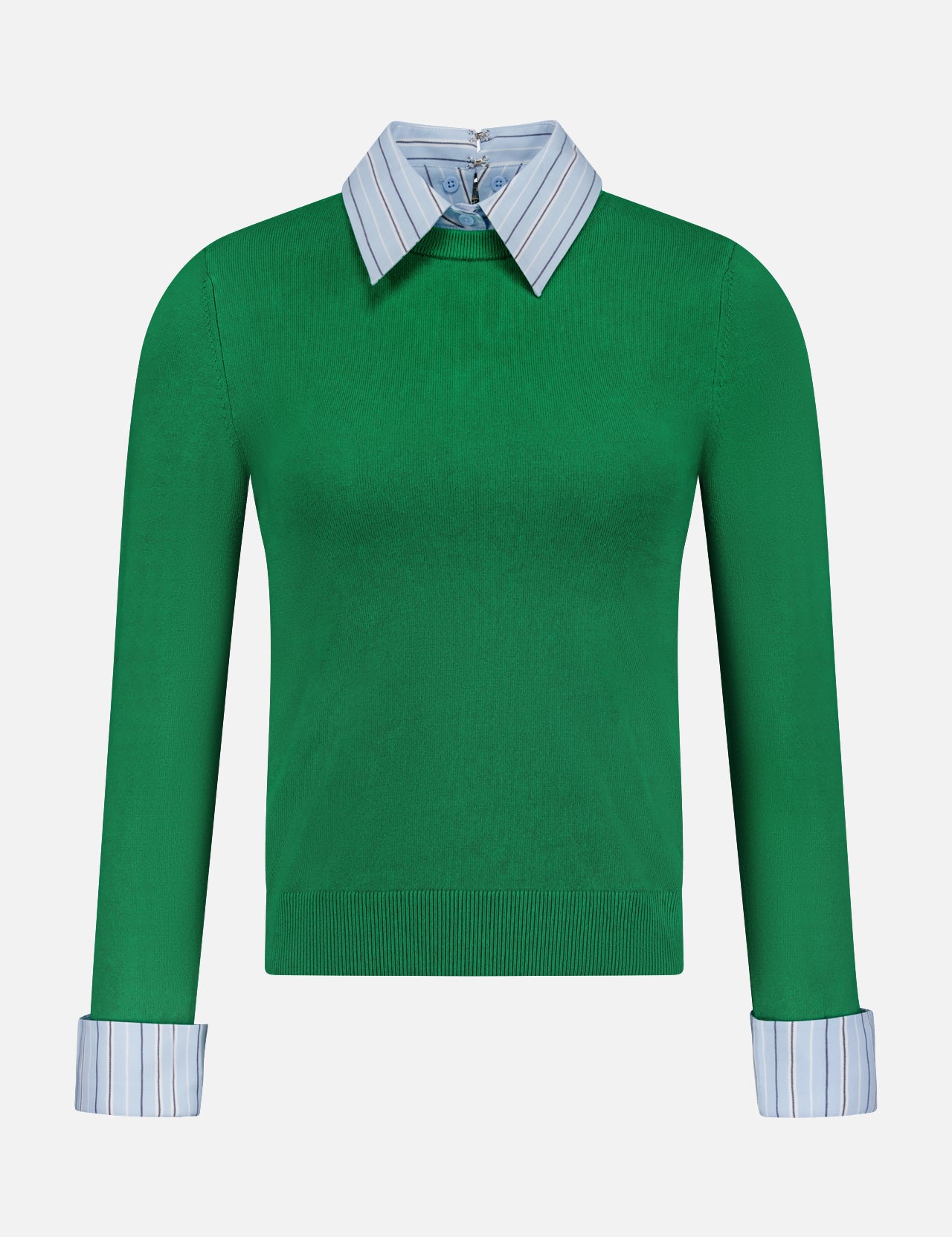 The ALICE + OLIVIA Porla Cropped Collared Sweater pairs a green fitted merino wool knit with an attached blue and white striped shirt, showing the collar and cuffs for a smart, layered effect.