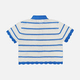 The ALICE + OLIVIA Randall Pointelle Polo Cardigan features short sleeves, blue and white horizontal stripes, a blue collar, and scalloped edges on the sleeves and hem. This crocheted knit is showcased against a plain white background, making it the perfect summer layer for effortless style.