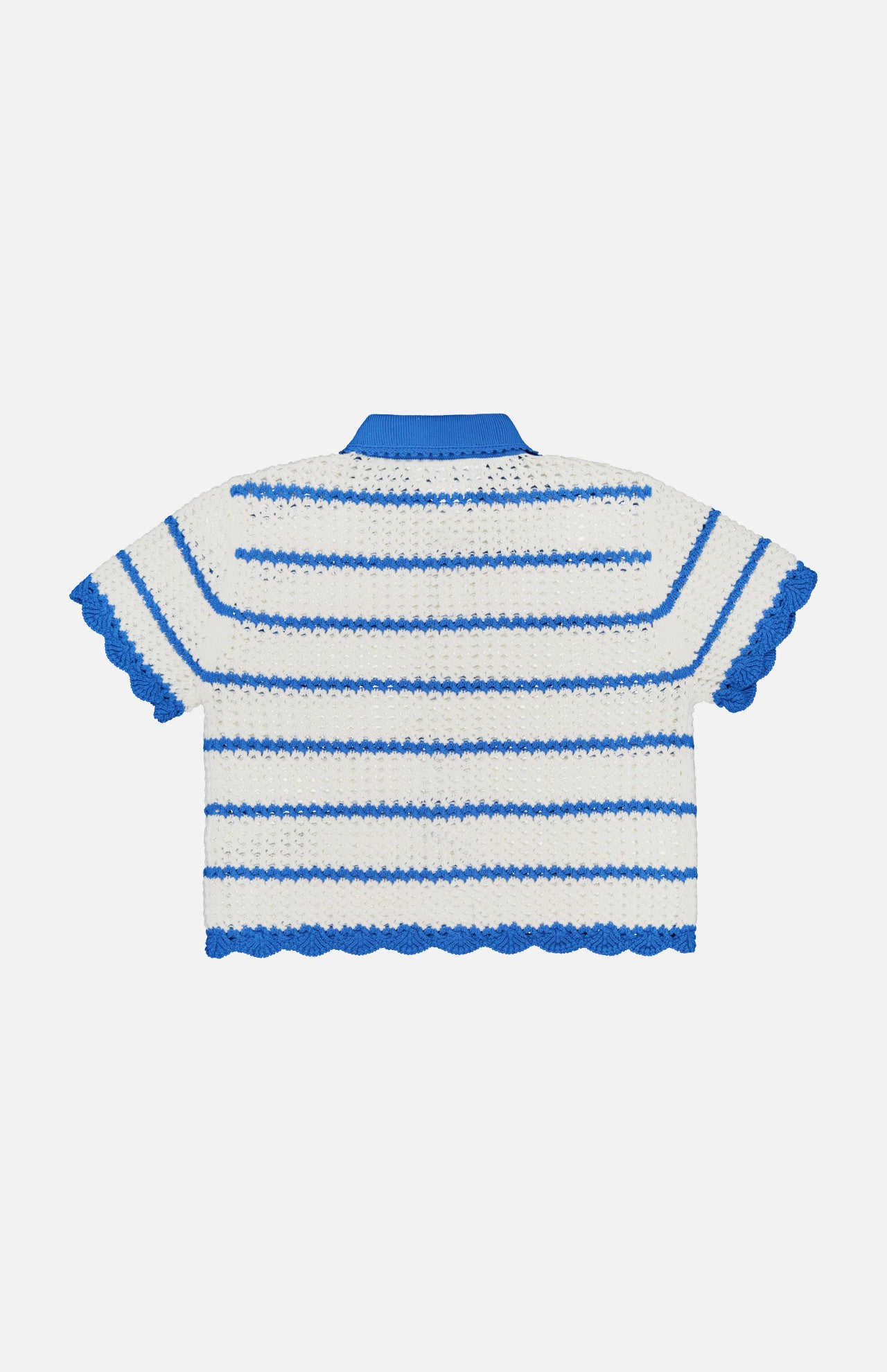 The ALICE + OLIVIA Randall Pointelle Polo Cardigan features short sleeves, blue and white horizontal stripes, a blue collar, and scalloped edges on the sleeves and hem. This crocheted knit is showcased against a plain white background, making it the perfect summer layer for effortless style.