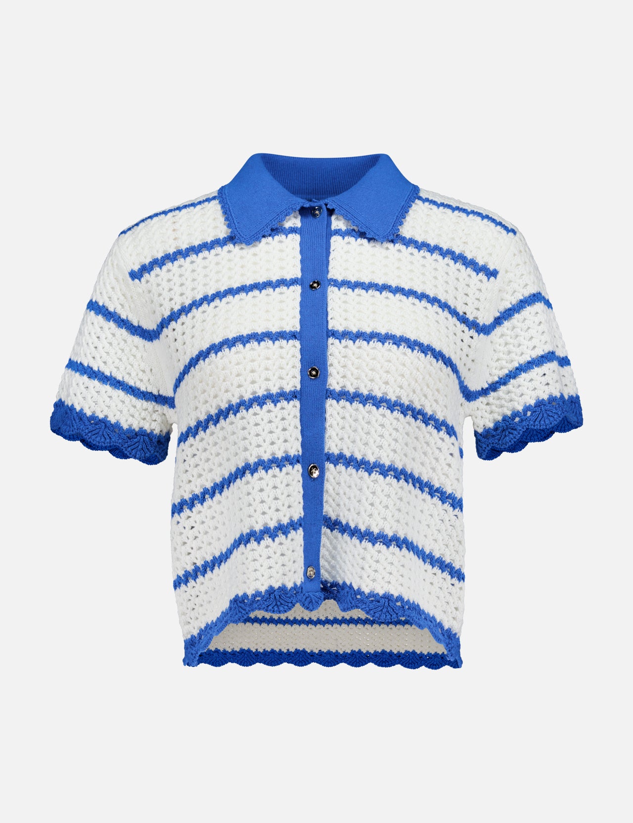 The Randall Pointelle Polo Cardigan by ALICE + OLIVIA is a short-sleeved, collared crochet shirt featuring blue and white stripes, blue buttons down the front, and scalloped edges at the sleeves and hem—a perfect summer knitwear piece that blends pointelle polo cardigan charm with airy sophistication.