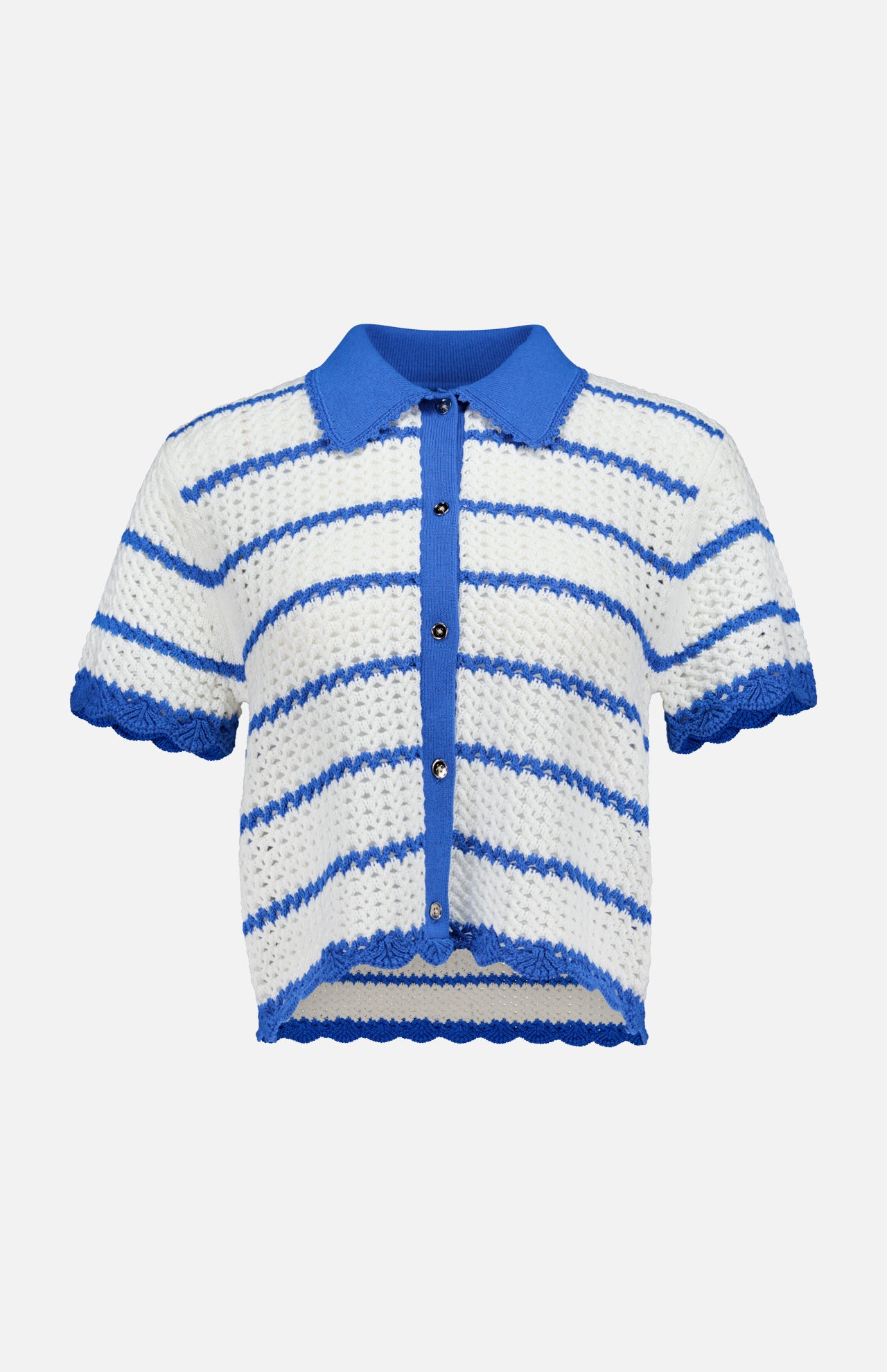 The Randall Pointelle Polo Cardigan by ALICE + OLIVIA is a short-sleeved, collared crochet shirt featuring blue and white stripes, blue buttons down the front, and scalloped edges at the sleeves and hem—a perfect summer knitwear piece that blends pointelle polo cardigan charm with airy sophistication.