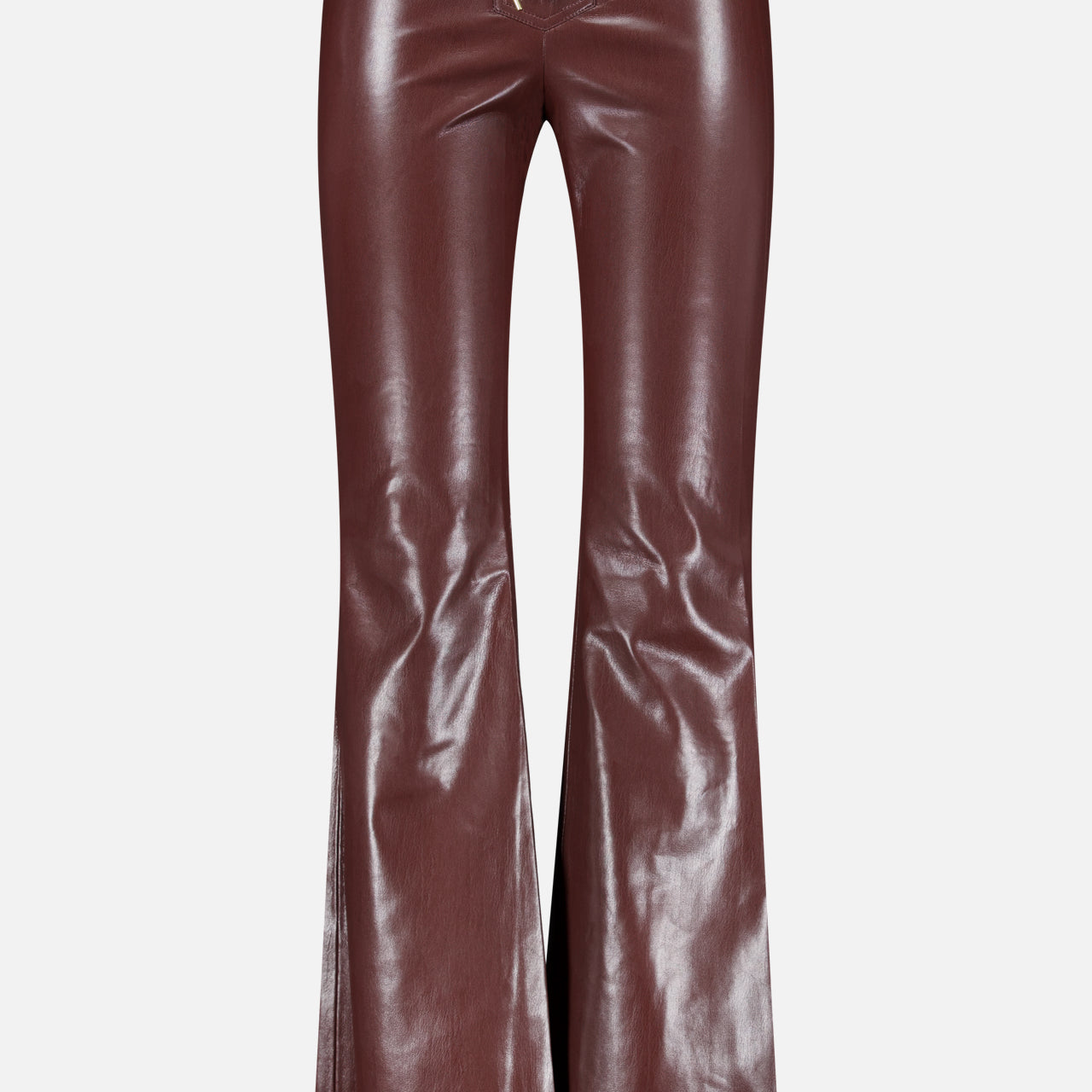 The ALICE + OLIVIA Ravyn Vegan Leather Lace Up Bootcut Pant features a high-waisted, brown faux leather design with lace-up front detail, showcased against a plain white background.