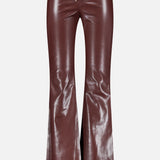 The ALICE + OLIVIA Ravyn Vegan Leather Lace Up Bootcut Pant features a high-waisted, brown faux leather design with lace-up front detail, showcased against a plain white background.