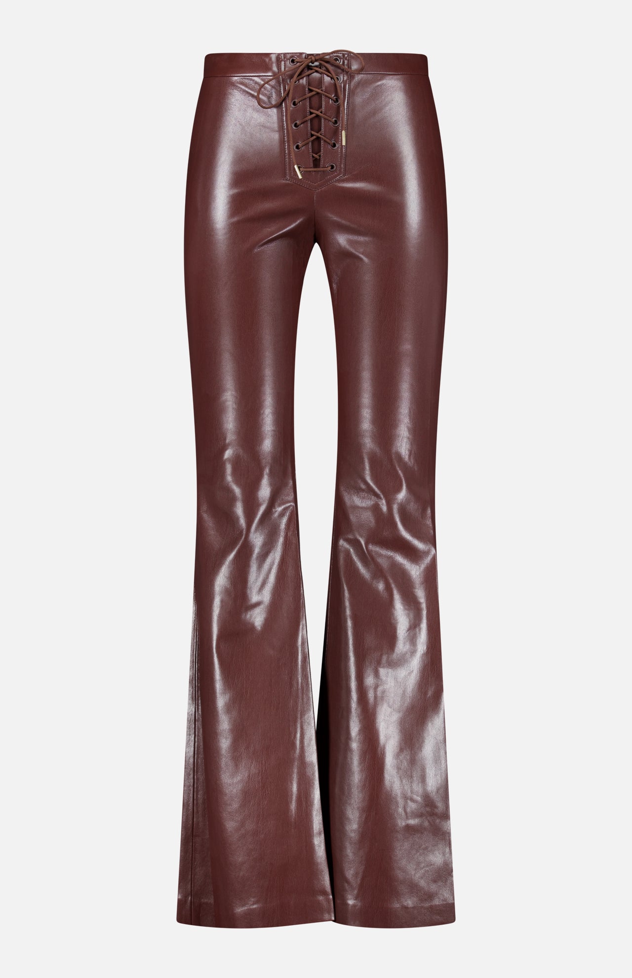 The ALICE + OLIVIA Ravyn Vegan Leather Lace Up Bootcut Pant features a high-waisted, brown faux leather design with lace-up front detail, showcased against a plain white background.