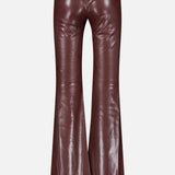 The Ravyn Vegan Leather Lace Up Bootcut Pant by ALICE + OLIVIA features a high waist, brown vegan leather with a shiny finish, and slightly wide bootcut legs, shown from the back against a plain white background.