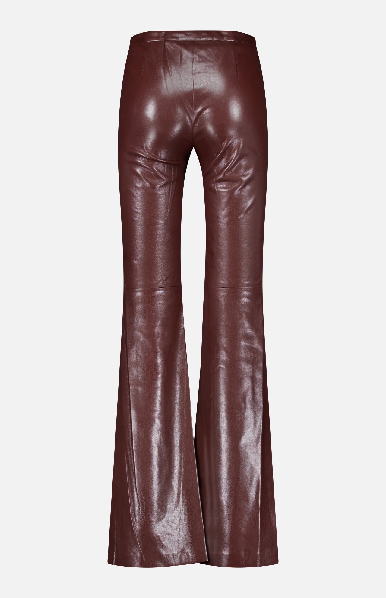 The Ravyn Vegan Leather Lace Up Bootcut Pant by ALICE + OLIVIA features a high waist, brown vegan leather with a shiny finish, and slightly wide bootcut legs, shown from the back against a plain white background.
