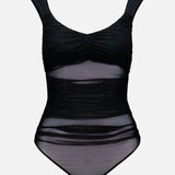 The ALICE + OLIVIA Renee Sheer Soft V-Neck Ruched Tank Bodysuit features sheer ruched mesh panels and ruched detailing on the front, with wide shoulder straps, a flattering thong back, and a fitted silhouette, shown against a plain white background.