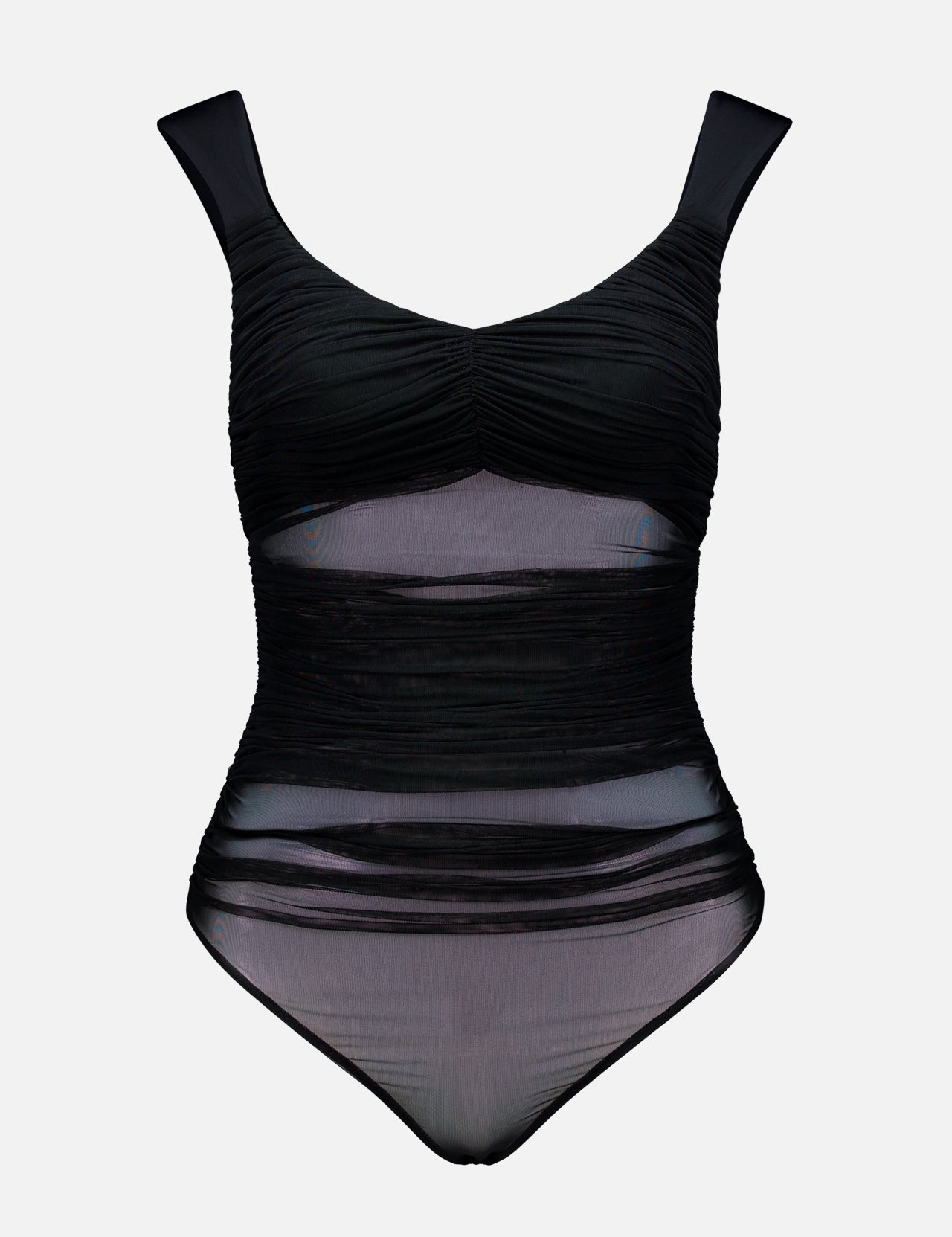 The ALICE + OLIVIA Renee Sheer Soft V-Neck Ruched Tank Bodysuit features sheer ruched mesh panels and ruched detailing on the front, with wide shoulder straps, a flattering thong back, and a fitted silhouette, shown against a plain white background.
