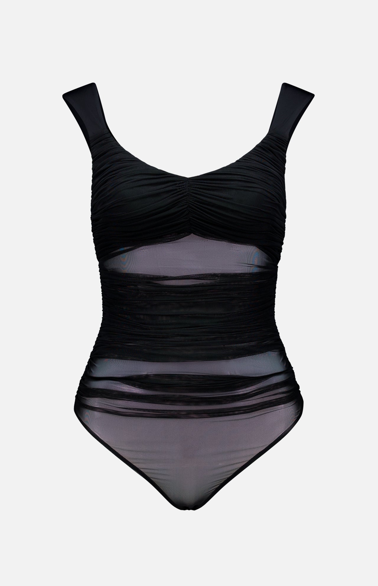 The ALICE + OLIVIA Renee Sheer Soft V-Neck Ruched Tank Bodysuit features sheer ruched mesh panels and ruched detailing on the front, with wide shoulder straps, a flattering thong back, and a fitted silhouette, shown against a plain white background.