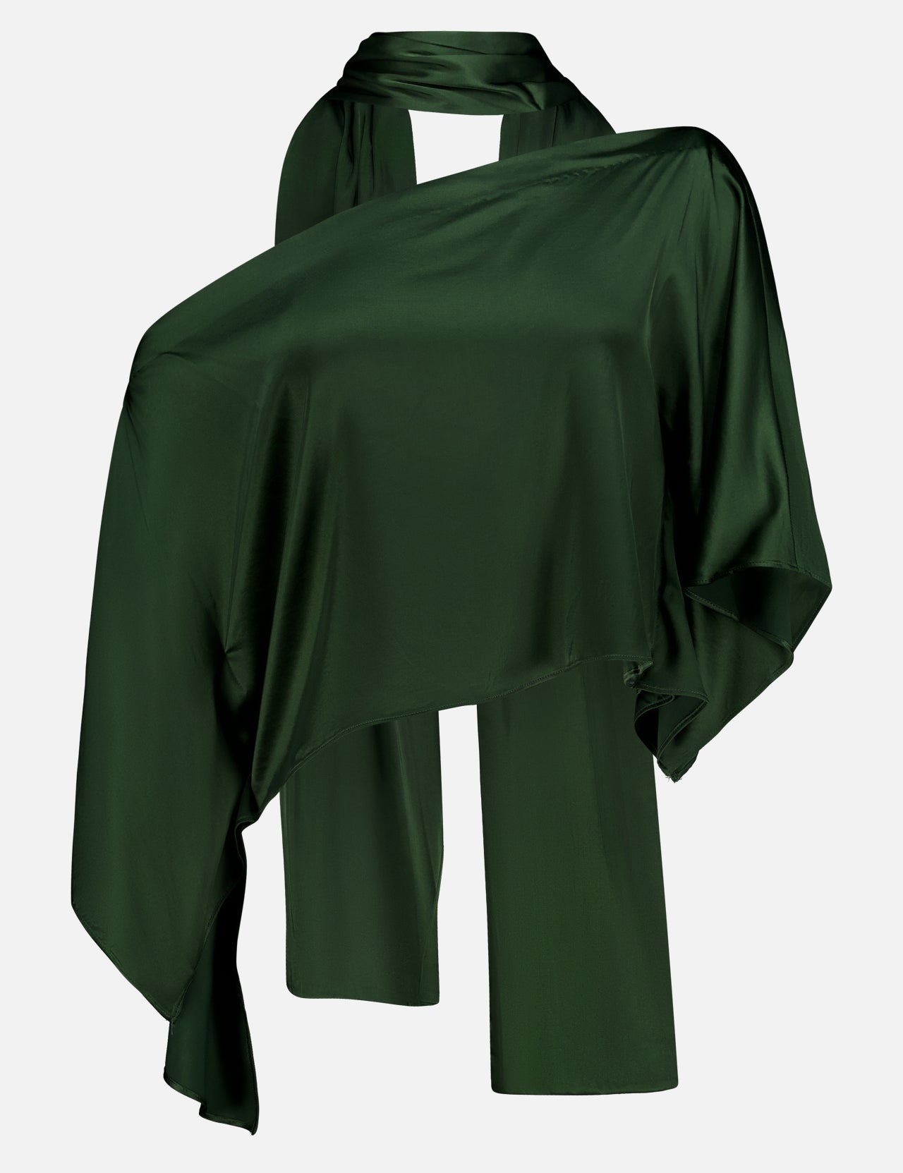 The ALICE + OLIVIA Rita Draped Cropped Top with Scarf, crafted from luxurious dark green silk charmeuse, is elegantly displayed on a mannequin in an asymmetrical, modern off-the-shoulder style against a plain white background.